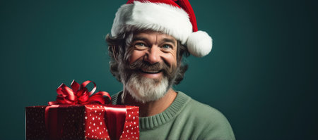 Portrait of senior man in santa hat holding gift box against green backgroundの素材