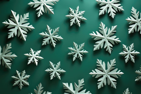 Christmas paper snowflakes on a green background.の素材