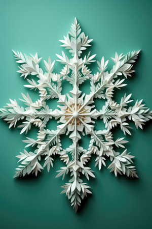 White paper snowflake on green background. Christmas and New Year concept.の素材