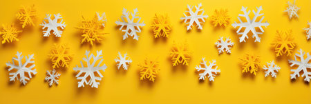 Snowflakes on yellow background. Christmas and New Year concept.の素材