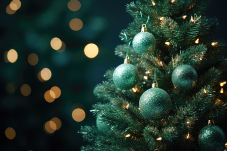 Christmas tree with blue and green baubles on blurred lights backgroundの素材