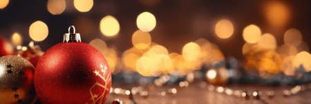 Red and gold christmas baubles on bokeh backgroundの素材