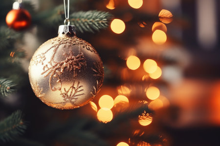 Christmas tree decoration with bokeh lights background. Merry Christmas and Happy New Year.の素材
