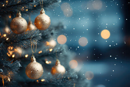 Christmas tree with golden baubles and lights on bokeh backgroundの素材