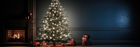 Christmas tree and presents in front of a blue wallの素材