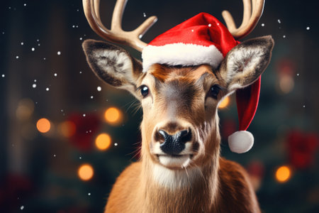 Portrait of a reindeer with Santa Claus hat. Christmas background.の素材