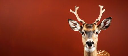 Young deer with big antlers on a red background with copy spaceの素材