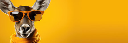 Funny kangaroo wearing sunglasses on yellow background, panoramic shotの素材