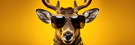 Portrait of a deer wearing sunglasses on a yellow background with copy space.の素材