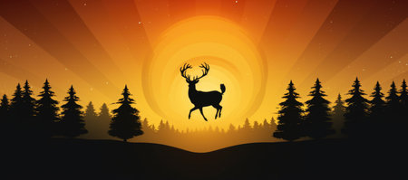 Silhouette of deer in the forest at sunset. Vector illustration.の素材