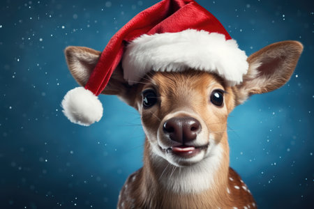 Cute little fawn with santa claus hat on blue backgroundの素材