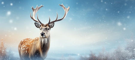 Funny deer with big antlers in winter forest.の素材