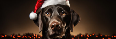 Portrait of a dog in a Santa Claus hat on a black background.の素材