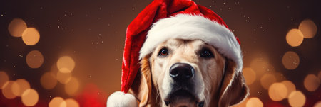 christmas, holidays and people concept - close up of dog in santa helper hat over brown lights backgroundの素材
