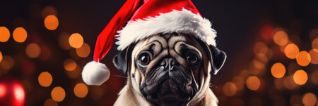 christmas, holidays and people concept - close up of pug dog in santa helper hat over lights backgroundの素材