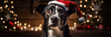 Cute black and white border collie dog wearing christmas santa hat. Looking at camera.の素材