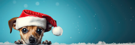 christmas dog with santa hat on blue background, bannerの素材