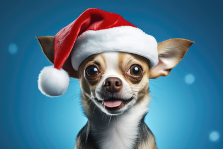 Cute chihuahua dog in santa hat on blue backgroundの素材