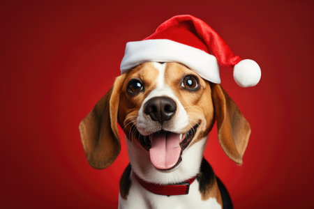 christmas, holidays and people concept - close up of happy beagle dog in santa hat over red backgroundの素材