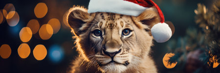 Cute little lion cub in santa hat. Merry Christmas and Happy New Year!の素材