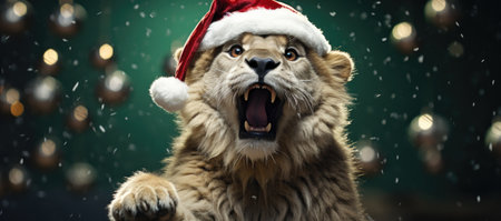 Merry Christmas and Happy New Year! Cute lion in Santa Claus hat.の素材