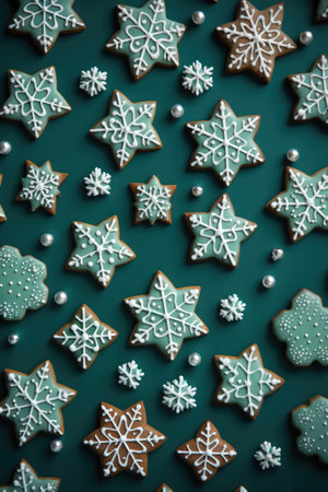 Christmas gingerbread cookies with snowflakes on turquoise backgroundの素材