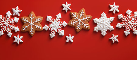 Christmas gingerbread cookies and snowflakes on red background. New Year concept.の素材
