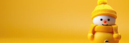 Snowman in yellow hat and scarf on yellow background with copy spaceの素材