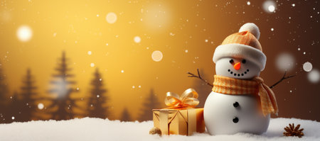 Snowman and gift box on snow with Christmas background.の素材
