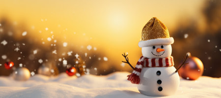 Snowman with christmas decoration in the snow. Christmas background.の素材