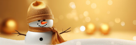 Snowman with hat and scarf on golden bokeh background.の素材