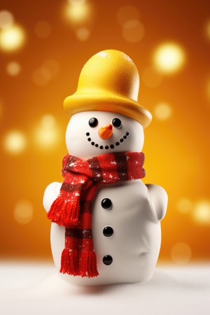 Christmas snowman with red scarf and yellow hat on orange background.の素材