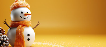 Snowman with scarf and cone on yellow background.の素材