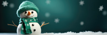 Snowman with a green hat and scarf on a green background.の素材