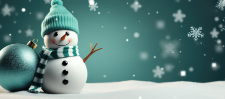 Snowman with christmas ball and snowflakes on green backgroundの素材