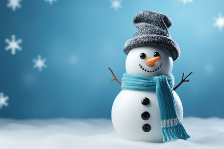 Snowman with a scarf and hat on a blue background with snowflakesの素材