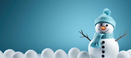 Snowman and white snowballs on blue background. Merry Christmas and Happy New Year.の素材