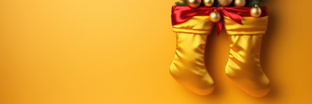 Christmas decoration with golden boots on yellow background. Winter holidays concept.の素材