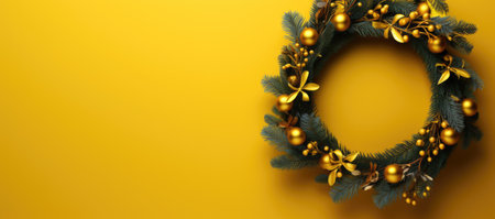 Christmas wreath on yellow background. Top view. Copy space.の素材