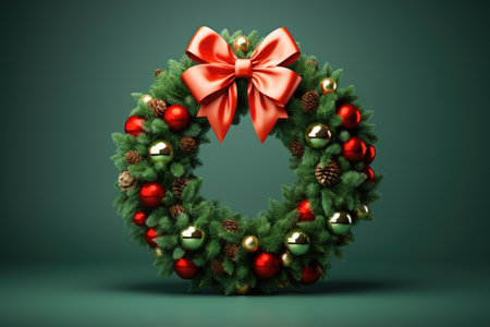 Christmas wreath with red baubles on green backgroundの素材