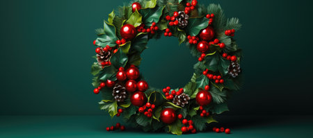 Christmas wreath with red berries and holly on green background.の素材