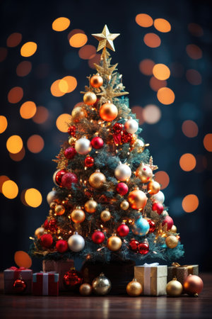 Christmas tree and gifts on bokeh background. New Year.の素材