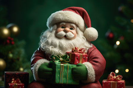Santa Claus with gifts and Christmas tree on background. Christmas and New Year concept.の素材