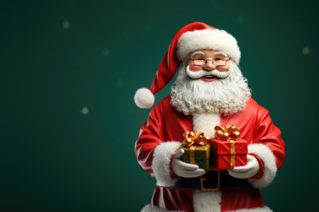 Santa Claus holding gift box and looking at camera. Christmas and New Year conceptの素材