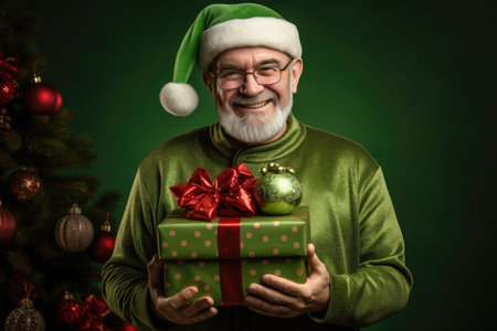 Portrait of a senior man in a green sweater and Santa hat holding a Christmas gift box against a green background.の素材