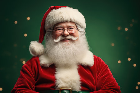 Portrait of Santa Claus looking at camera and smiling while standing against green backgroundの素材
