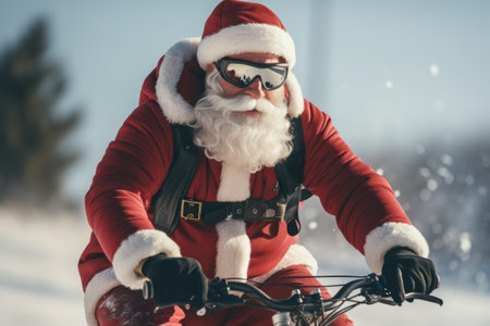 santa claus riding bicycle in snow, christmas and new year conceptの素材