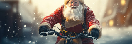 Santa Claus riding a bicycle in the snow. Christmas and New Year concept.の素材