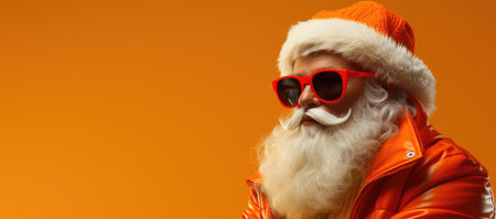 Portrait of Santa Claus in sunglasses on orange background. Christmas and New Year concept.の素材
