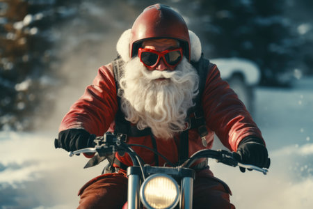 Portrait of santa claus on motorcycle in winter forest.の素材